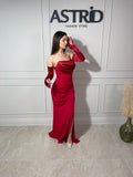 Rochie Evelinn lungă cu falduri în talie și mânecă lungă
