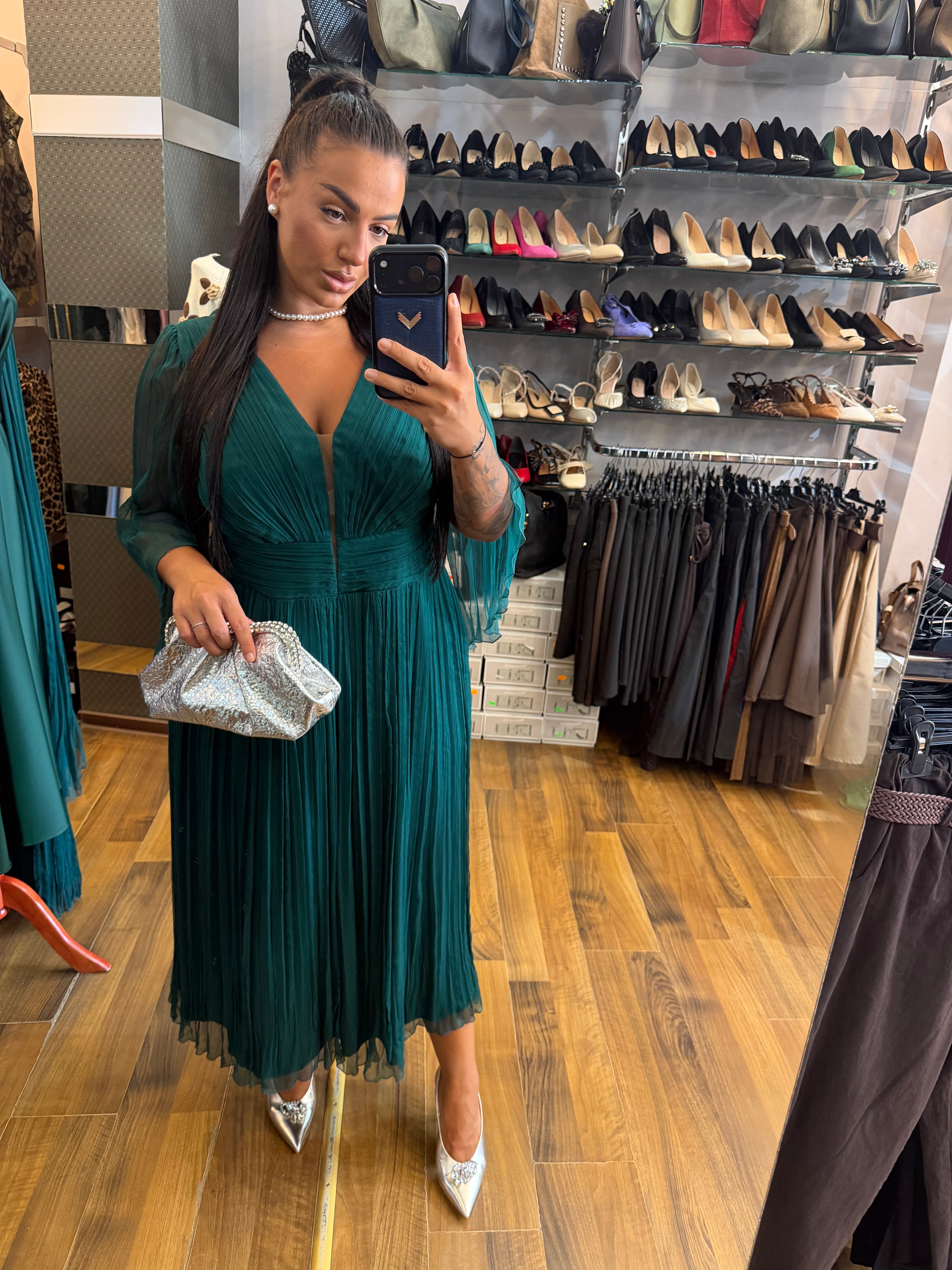Rochie Afet midi din matase naturala cu maneci lungi