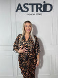 Rochie Cleo midi animal print cu nod în talie falduri și mânecă 3/4