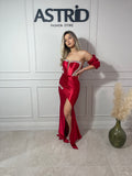 Rochie Bella lungă din satin pietre la bust și talie mâneci bufante detașabile