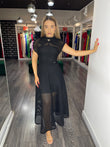 Rochie Olga midi neagră în cloș cu funda la gât