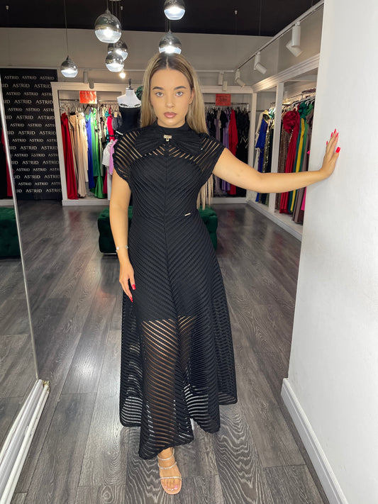 Rochie Olga midi neagră în cloș cu funda la gât