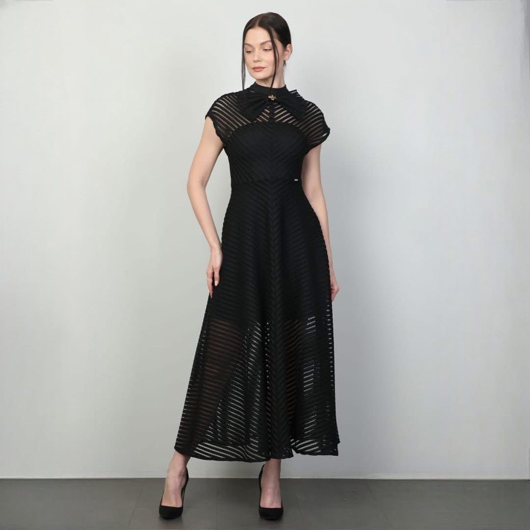 Rochie Estera midi în cloș cu funda la gât neagă