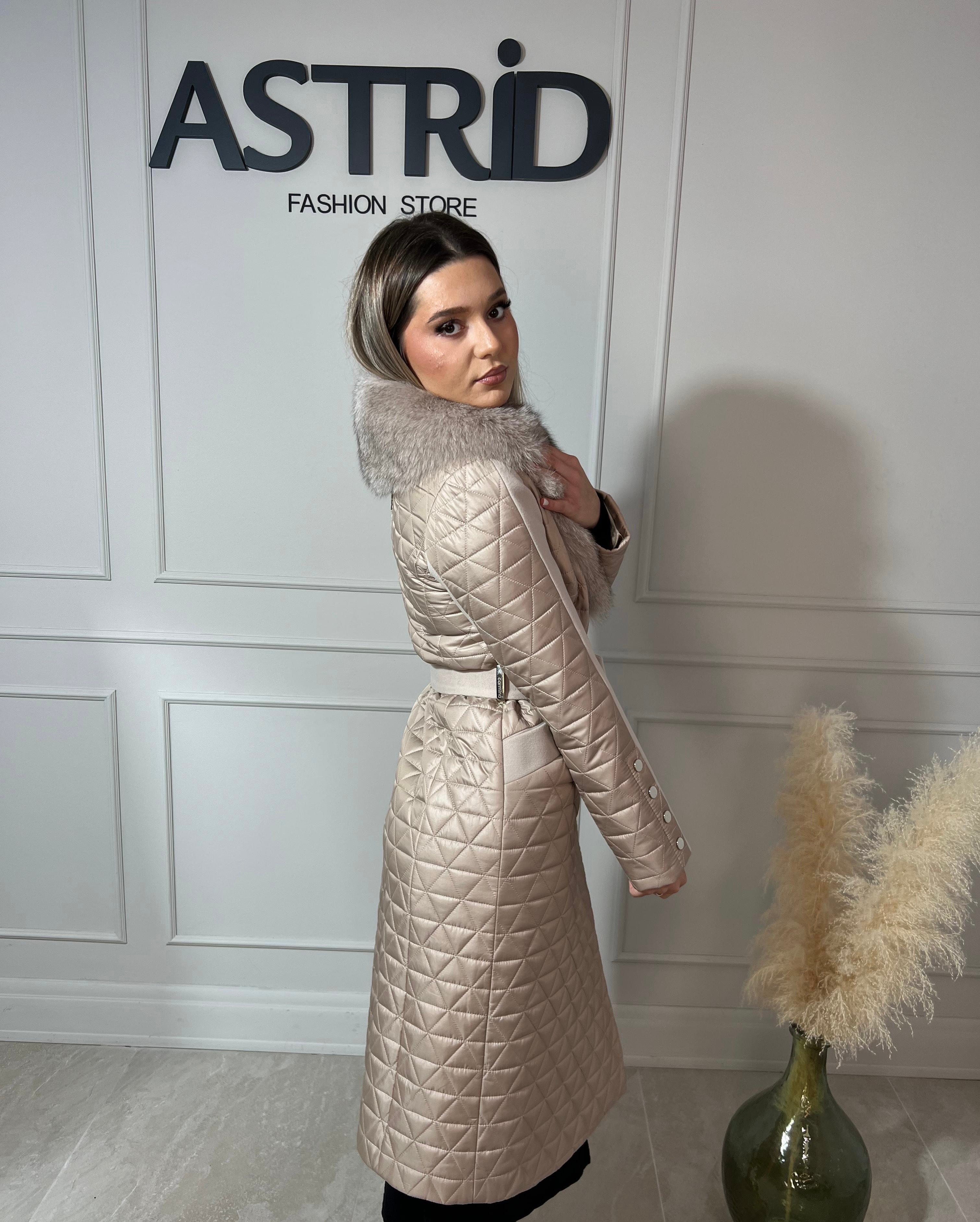 Palton Lia lungă combinație fâș și cașmir cu blană naturală