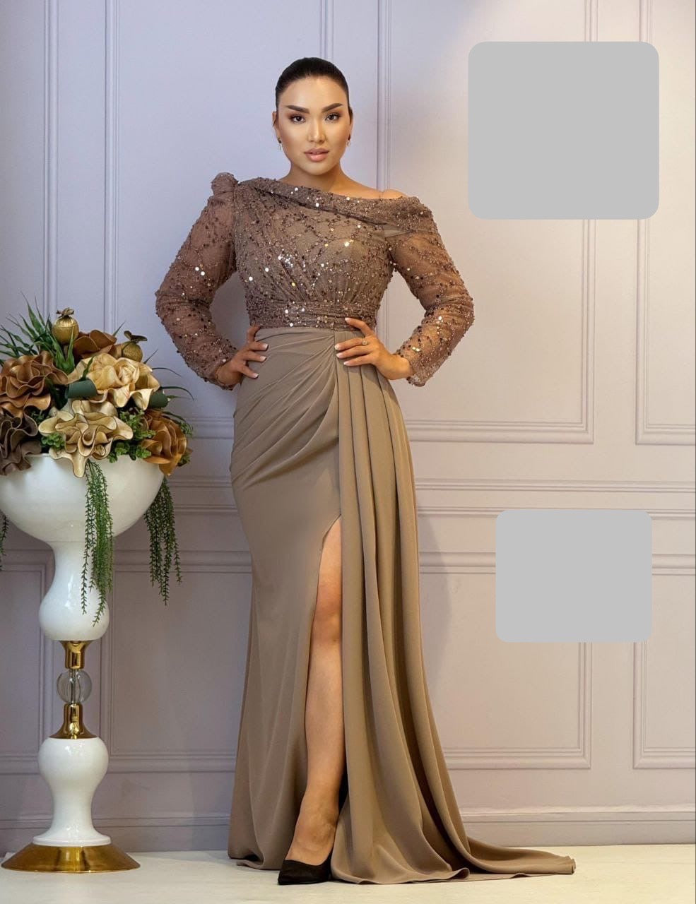 Rochie Dara lungă aplicații paiete la bust falduri în talie și crăpătură pe picior