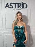 Rochie Eliana lungă din satin pietre la bust și mâneci detașabile