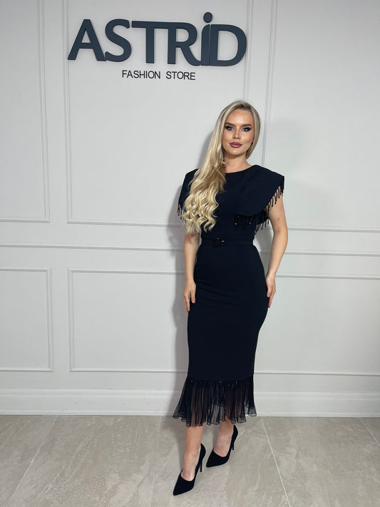 Rochie Olga midi cu volan din voal si umeri supradimensionati accesorizati cu franjuri