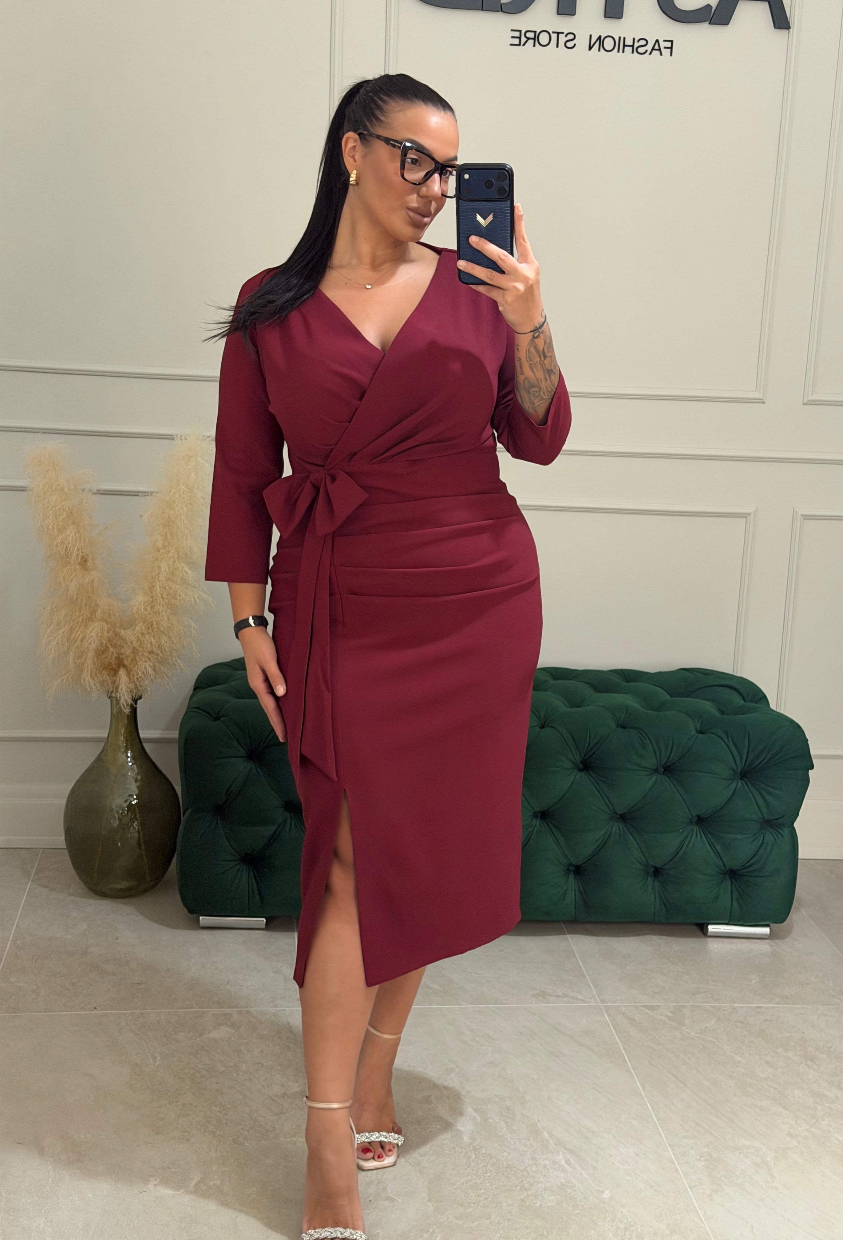 Rochie Eloise midi cu funda si incretita in talie