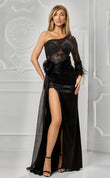Rochie Even lunga, neagra, fusta din tafta, o maneca lunga, bust cu insertii de dantela