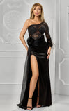Rochie Even lunga, neagra, fusta din tafta, o maneca lunga, bust cu insertii de dantela