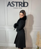 Palton Kleo din cașmir cu blană naturală și cordon in talie