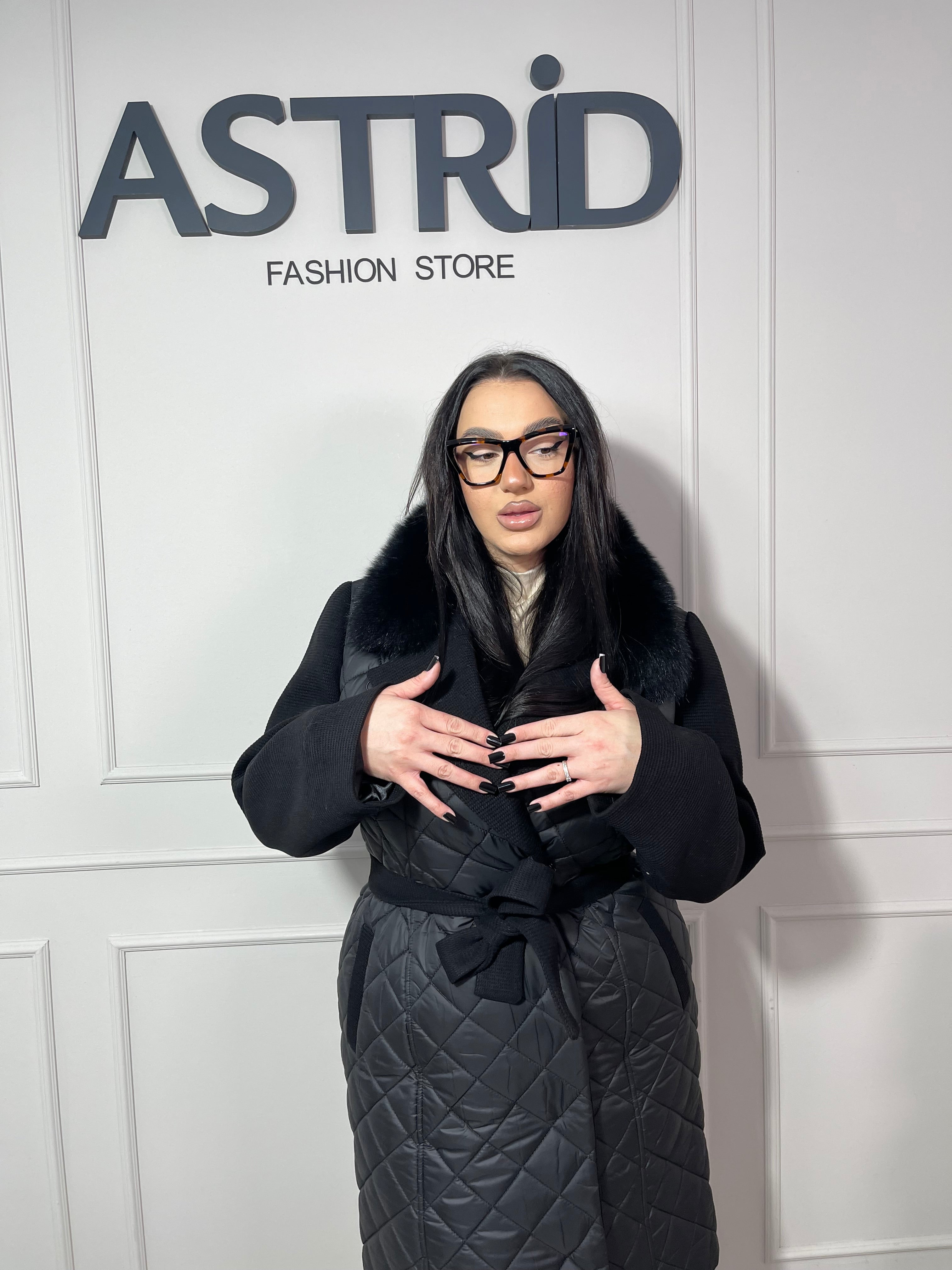 Palton Olivia combinație fâș și stofă