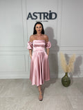 Rochie Florina midi cu corset și mânecă bufantă