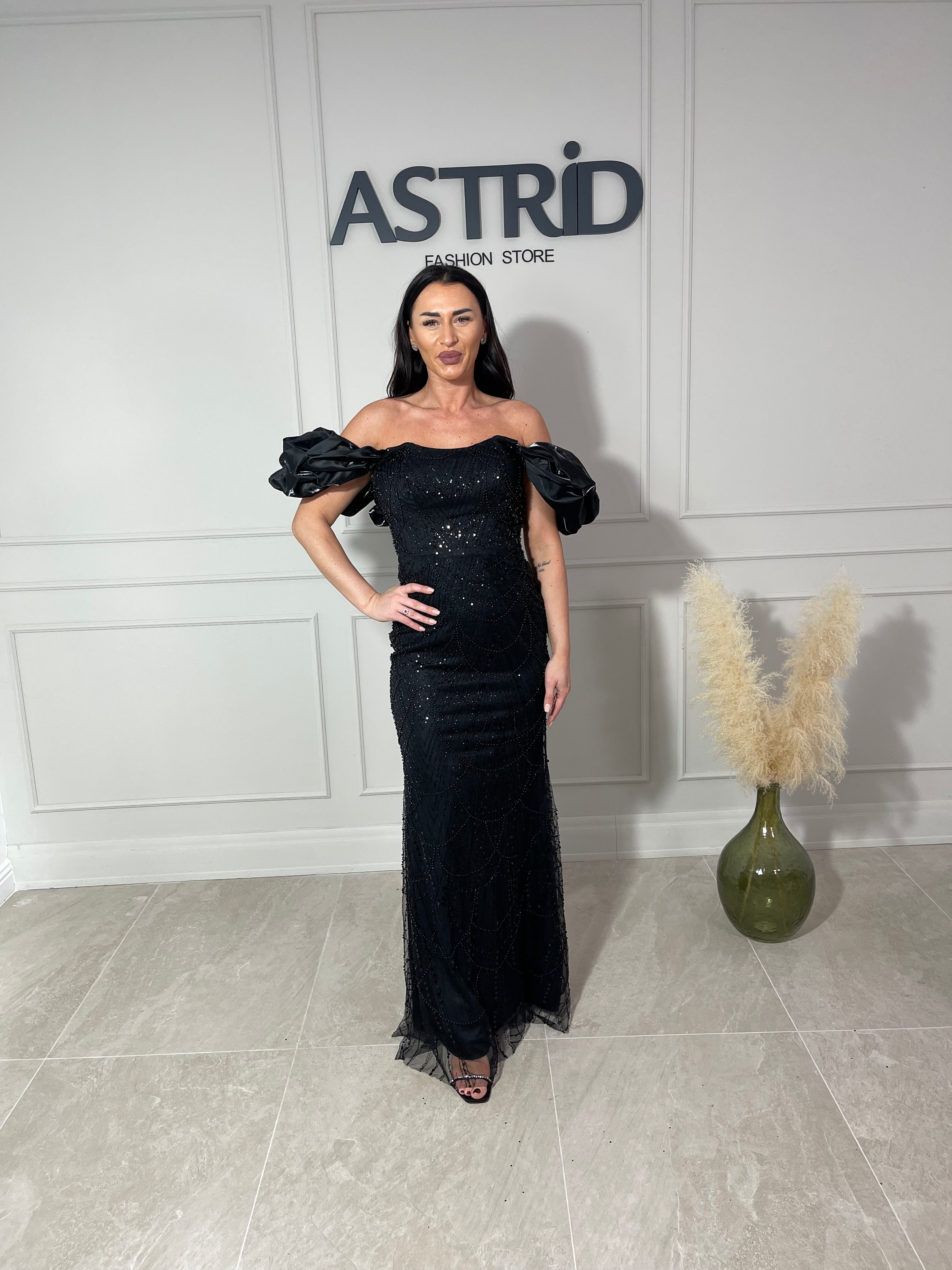 Rochie Amelie lungă din paiete cu mânecă bufantă