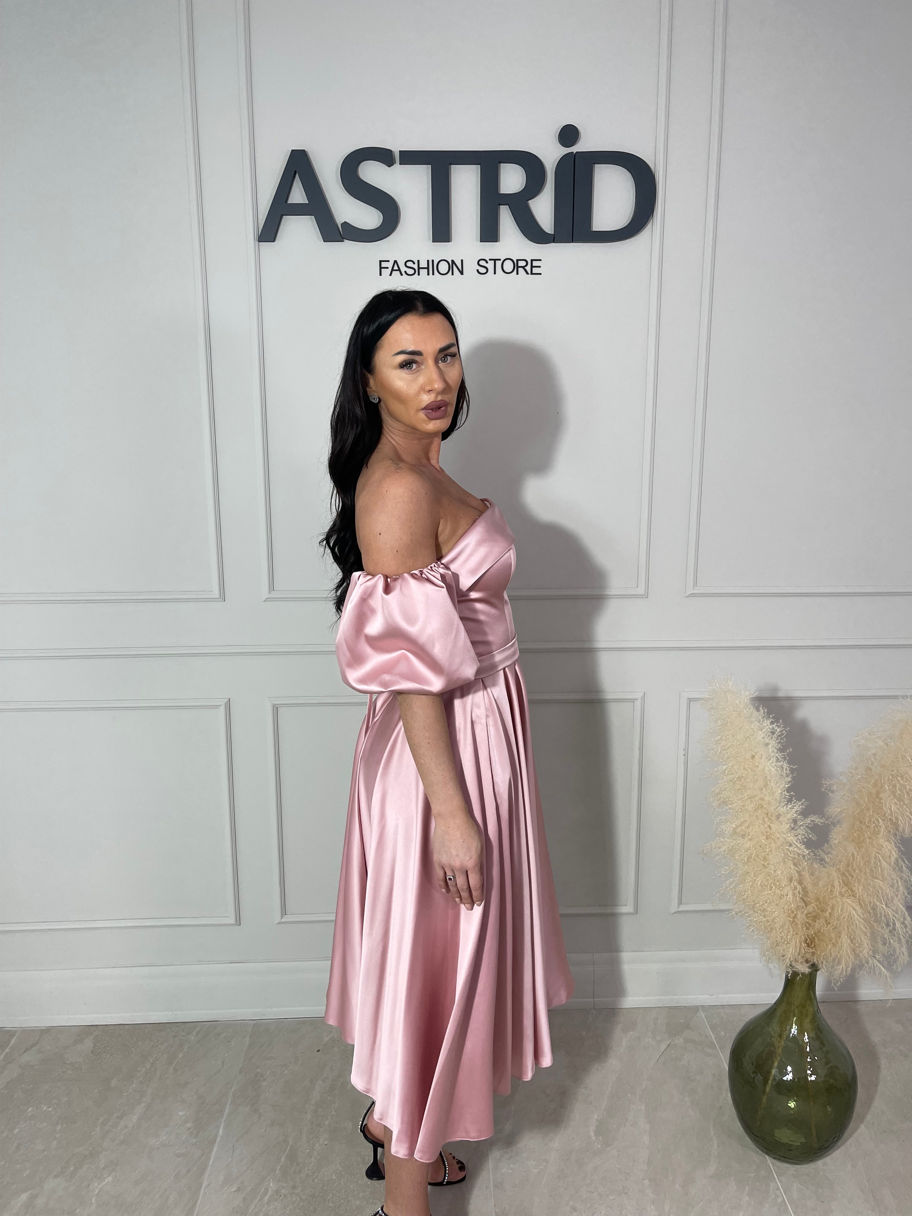 Rochie Florina midi cu corset și mânecă bufantă