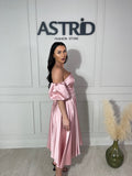 Rochie Florina midi cu corset și mânecă bufantă