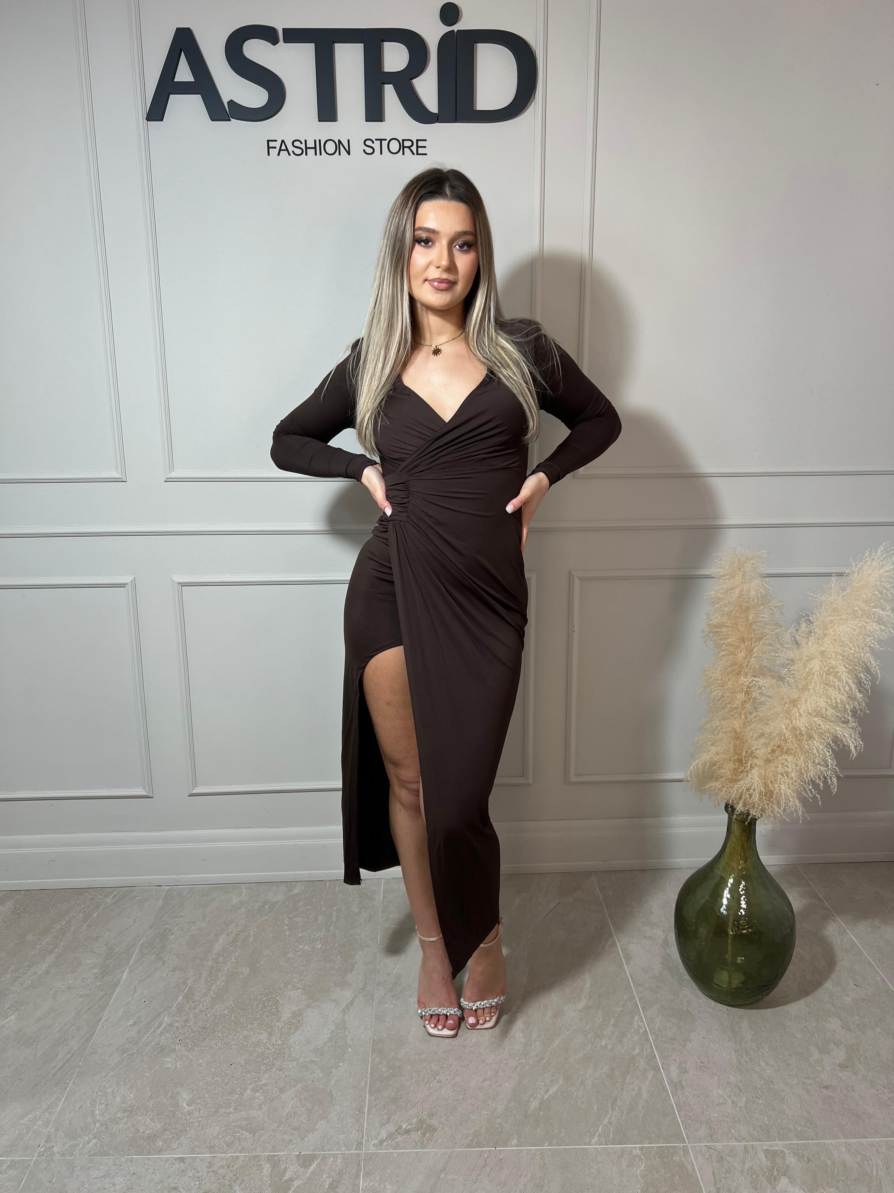 Rochie Helen midi din lycra mânecă lungă și falduri în talie