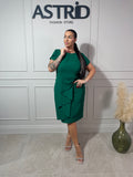 Rochie Nabila midi verde falduri în talie și mânecă scurtă