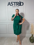 Rochie Nabila midi verde falduri în talie și mânecă scurtă