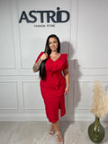 Rochie Clarisa midi roșie cu volanase și floare pe umăr