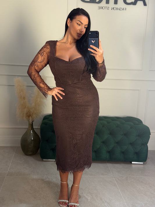 Rochie Alima midi din dantela cu maneci lungi si decolteu