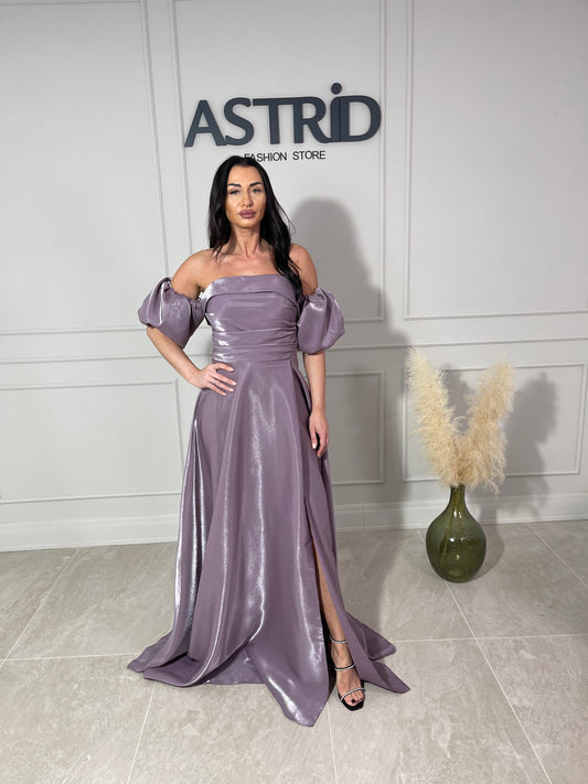 Rochie Zayra lungă din satin mânecă bufantă și corset la spate