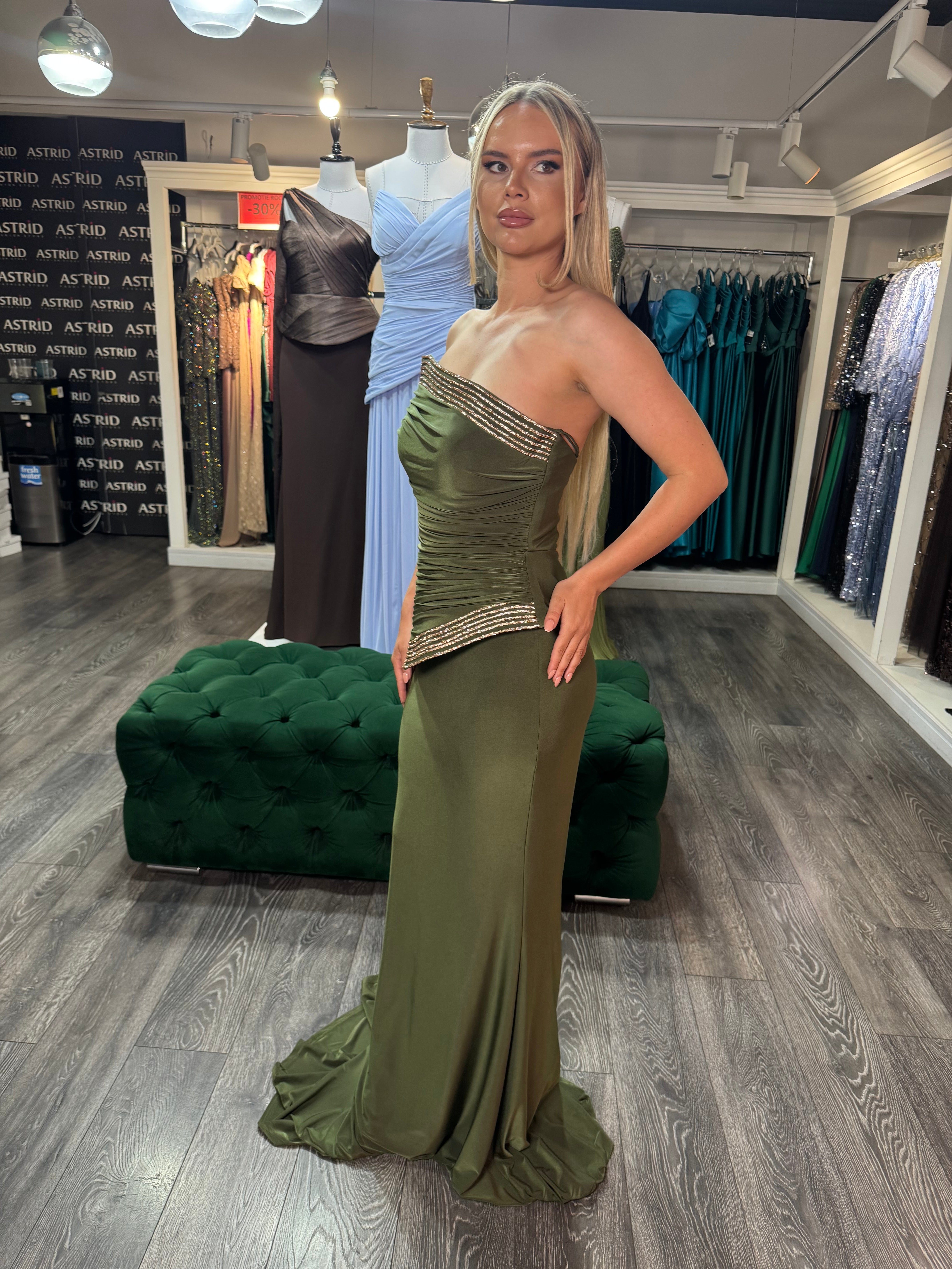 Rochie Aylin lunga olive cu corset aplicatii aurii