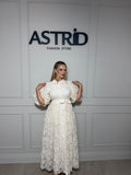 Rochie Aleya midi din broderie cu maneci bufante si cordon talie