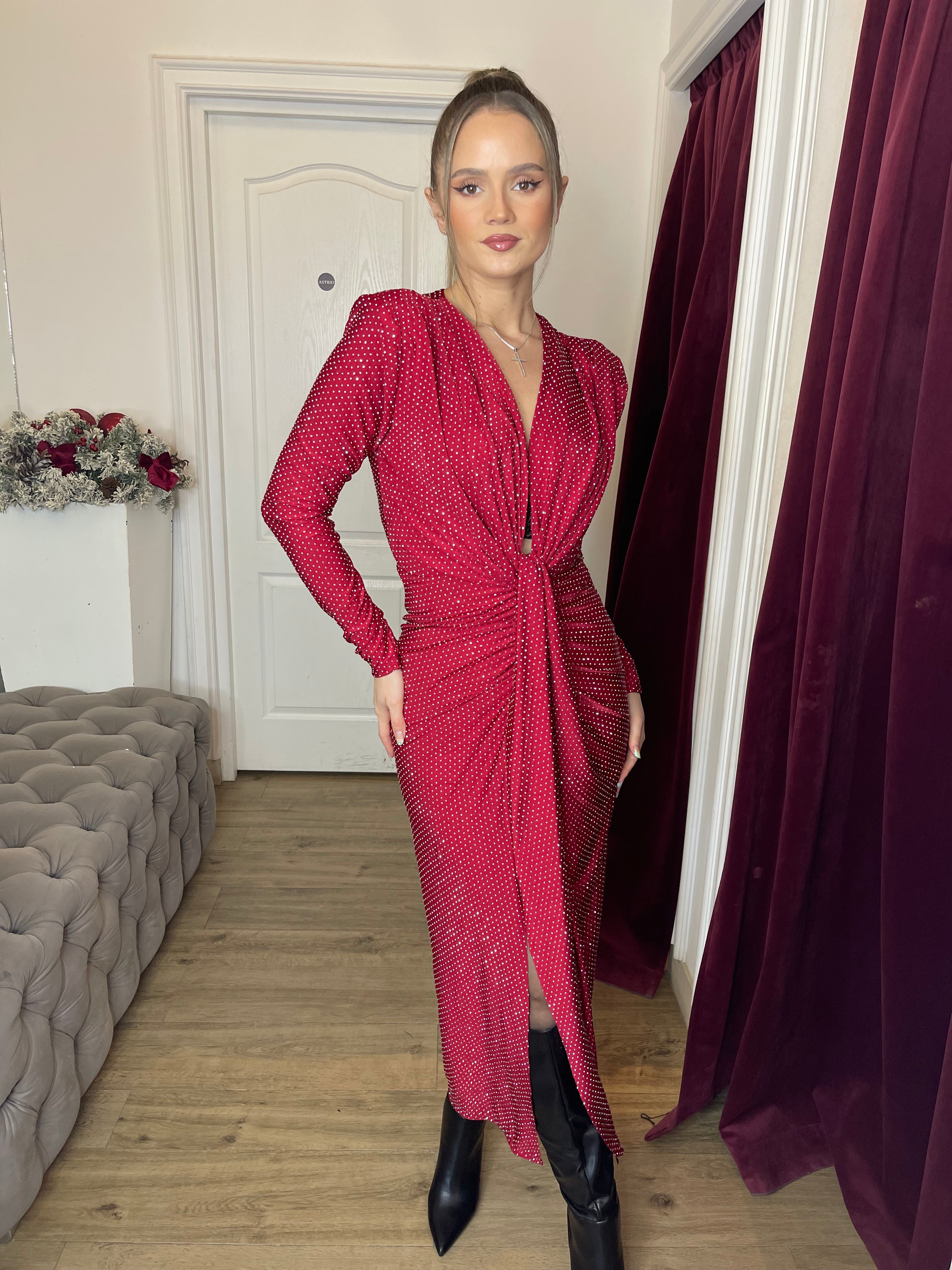 Rochie Mirabella midi cu nod în talie și mânecă lungă aplicații pietre