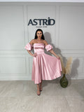 Rochie Florina midi cu corset și mânecă bufantă