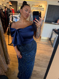Rochie Greta lunga cu bust satinat si fusta cu aplicatii pietre si perle