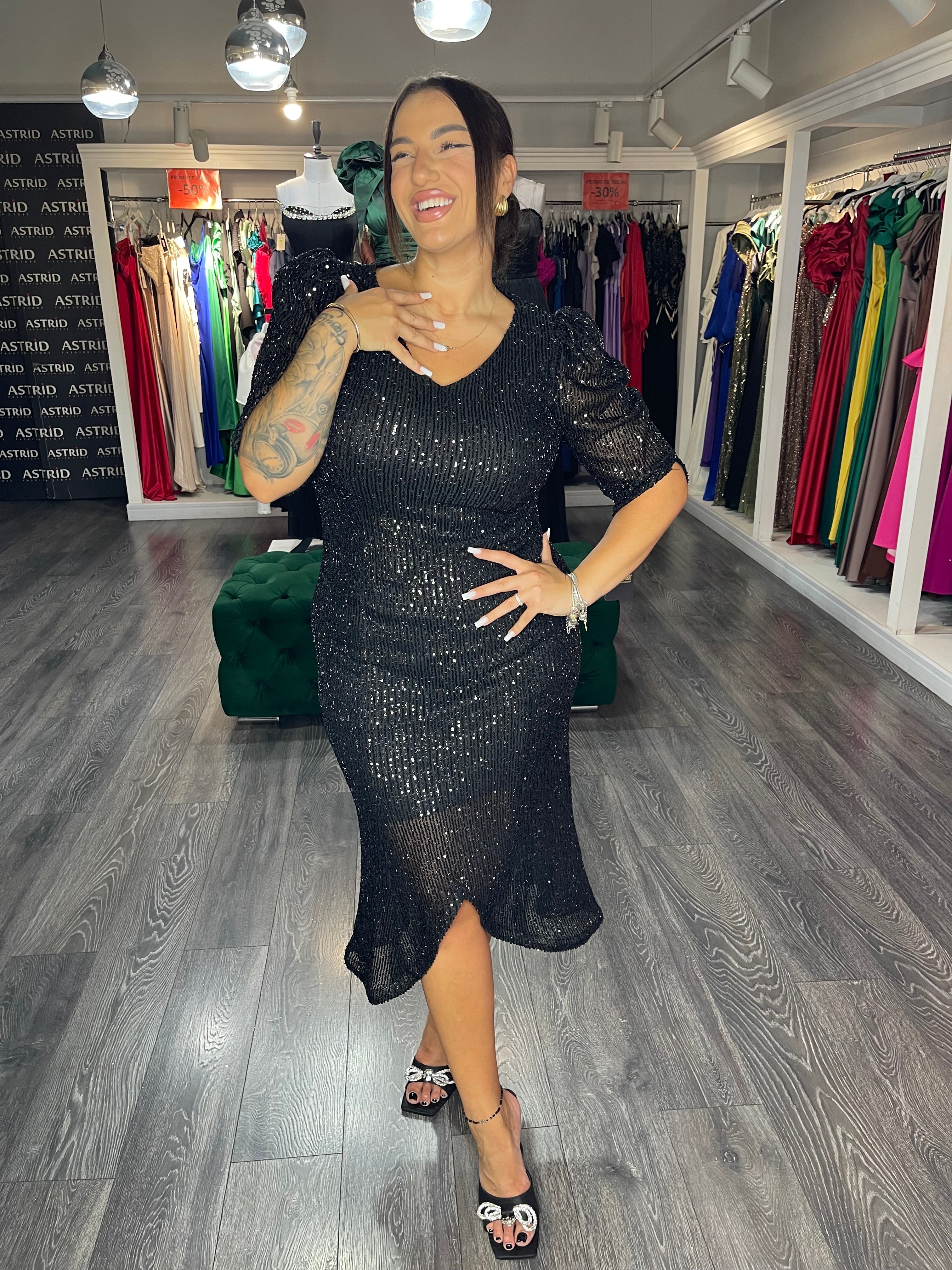 Rochie Elena midi din paiete mânecă 3/4
