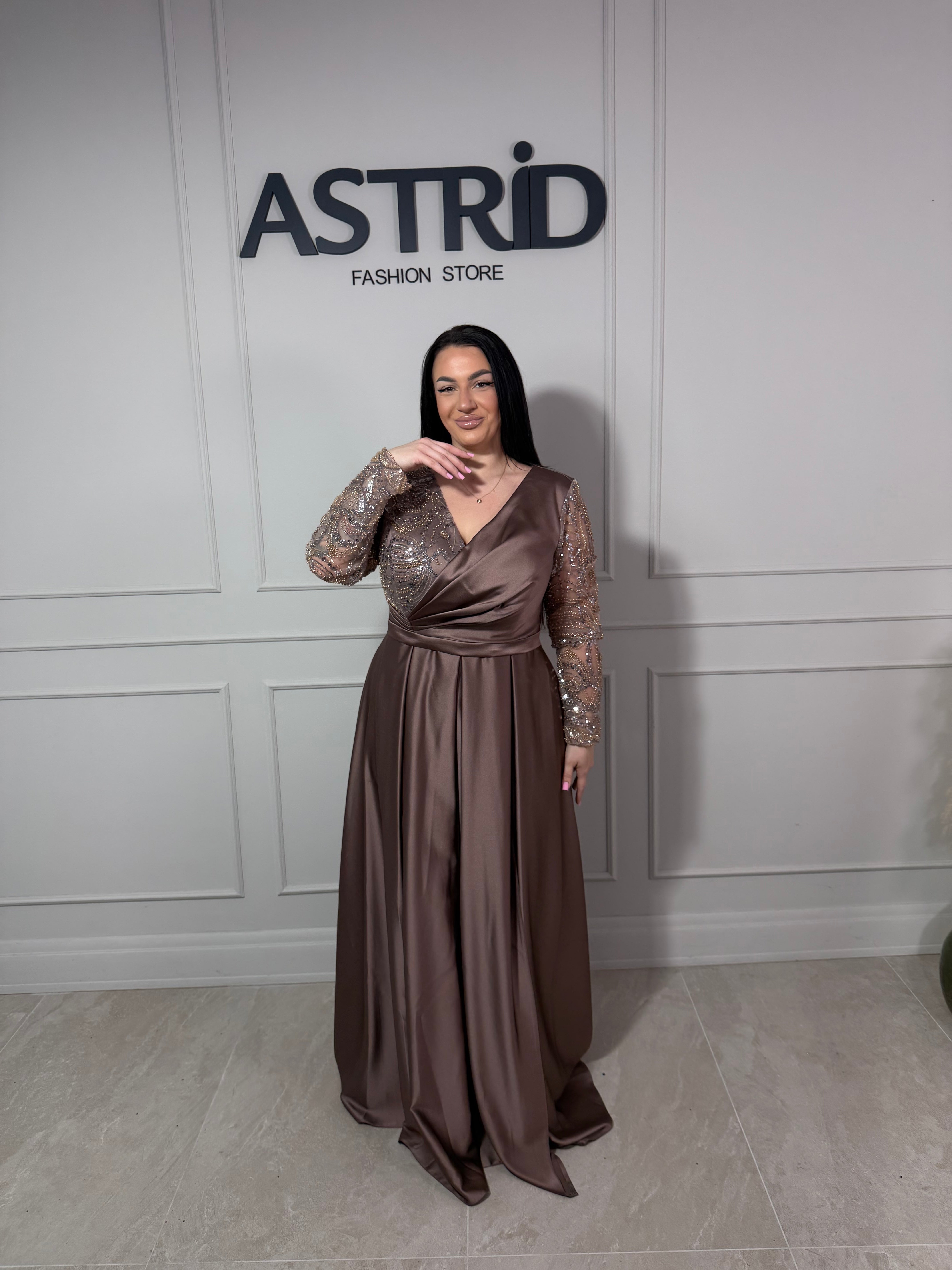 Rochie Zatara lungă din satin mânecă lungă și paiete la bust