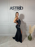Rochie Raisa lungă aplicații volane în degrade și crăpătură pe picior