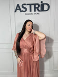 Rochie Sofia lungă mânecă clopot și accesoriu floare la talie