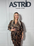 Rochie Cleo midi animal print cu nod în talie falduri și mânecă 3/4