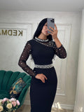 Rochie Alis midi cu aplicatii perle si pietre albe si argintii