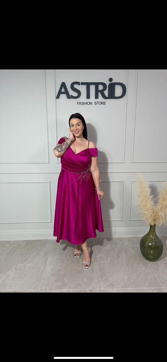 Rochie Clara midi din satin cu pietre la talie și umeri căzuți