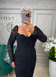 Rochie Affet midi drapata cu mâneci lungi si crapatura in fața