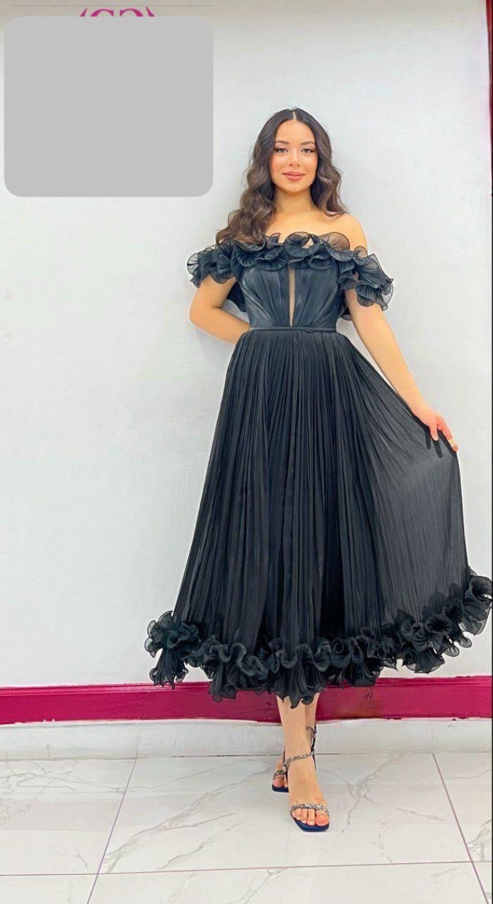 Rochie Arsi midi din voal plisată cu volane și mânecă căzută