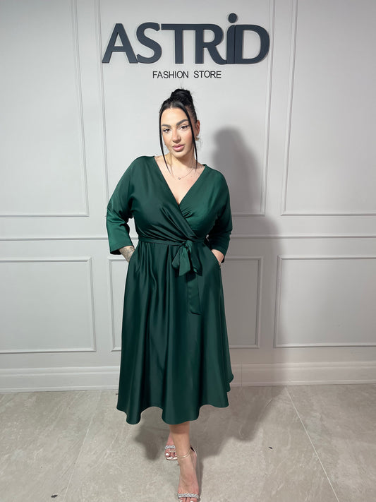 Rochie Dora midi din satin cu cordon în talie