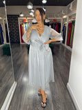 Rochie Carie midi în cloș mânecă 3/4 floare în talie