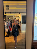 Rochie Amada scurta din tafta satinata cu pietre argintii si mansete decorative