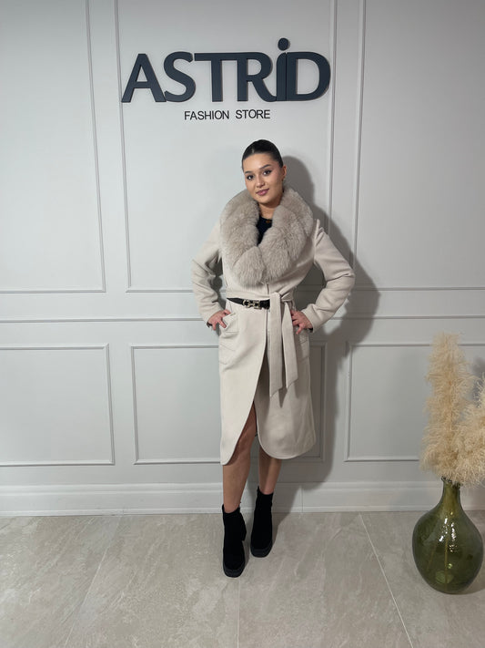 Palton Delia din cașmir blană naturală și cordon în talie