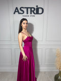 Rochie Erika lungă din satin în cloș cu corset la spate