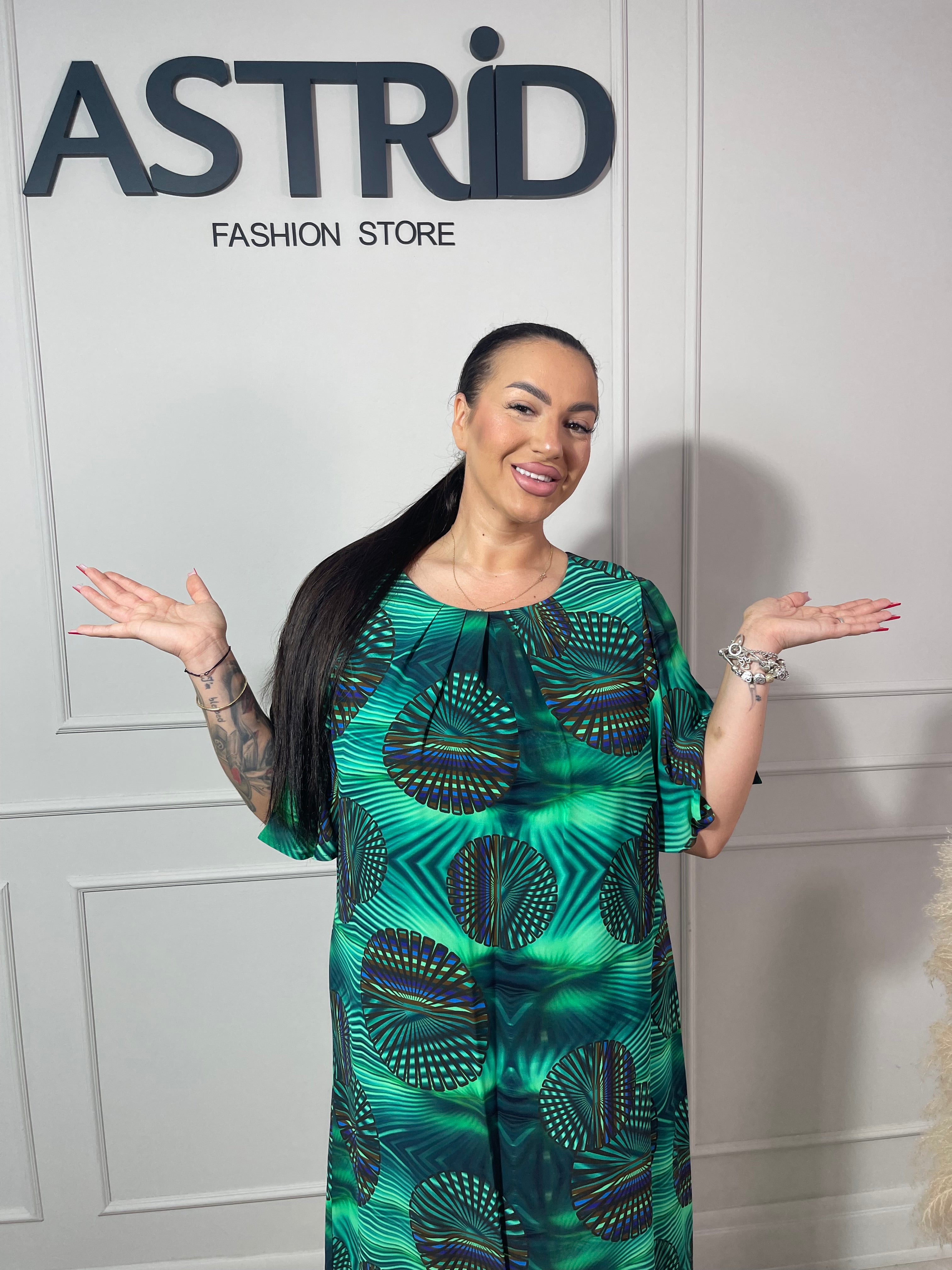 Rochie Alma midi mânecă 3/4 și imprimeu cercuri
