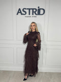 Rochie Aylin lunga din dantela cu accesorii florale la gat si maneca evazate