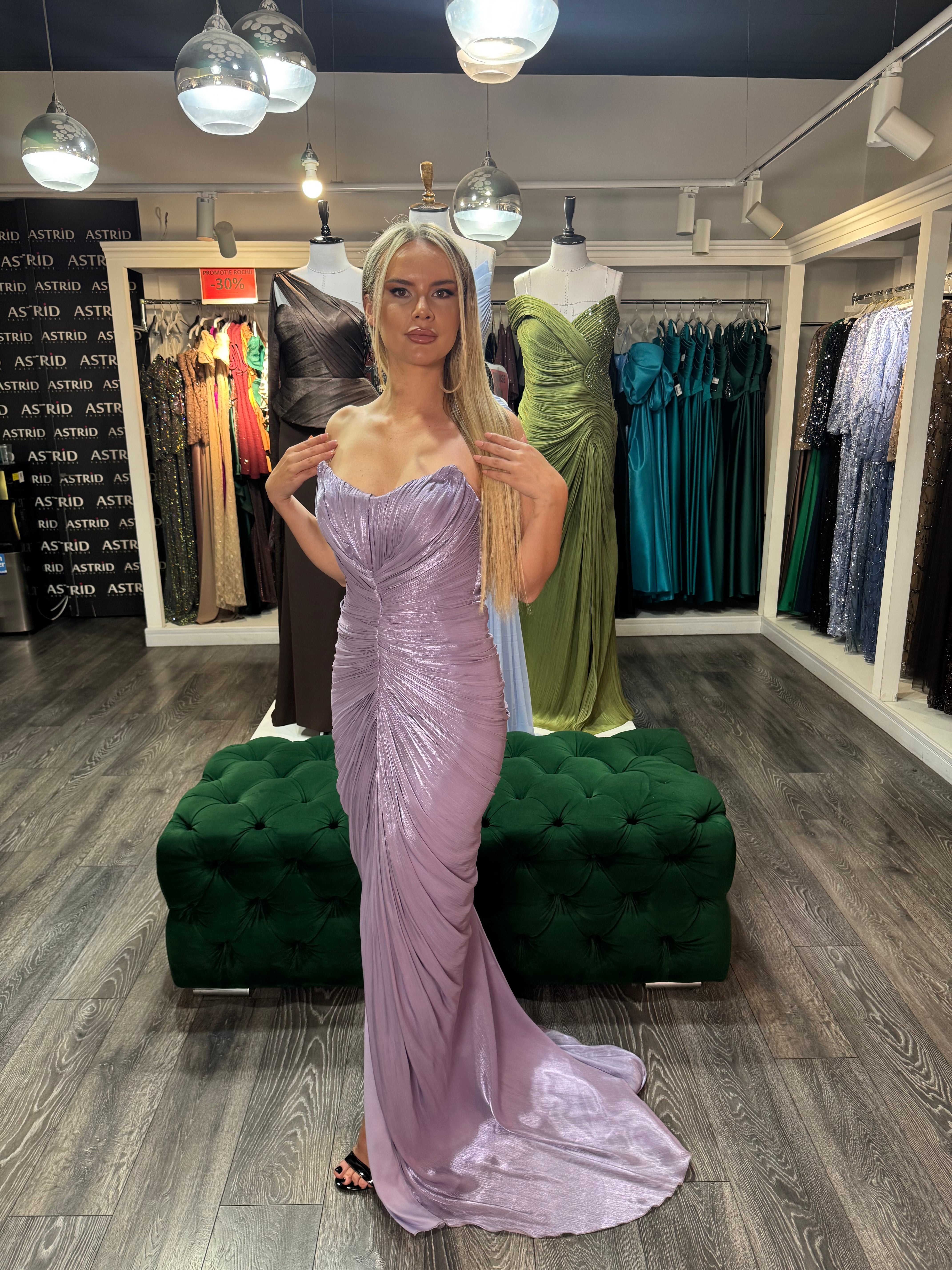 Rochie Lilas lunga cu corset si falduri