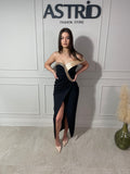 Rochie Opal midi neagră cu pietre la bust pe un umăr