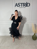 Rochie Elisa midi cu aplicații volane la umăr și picior curea în talie